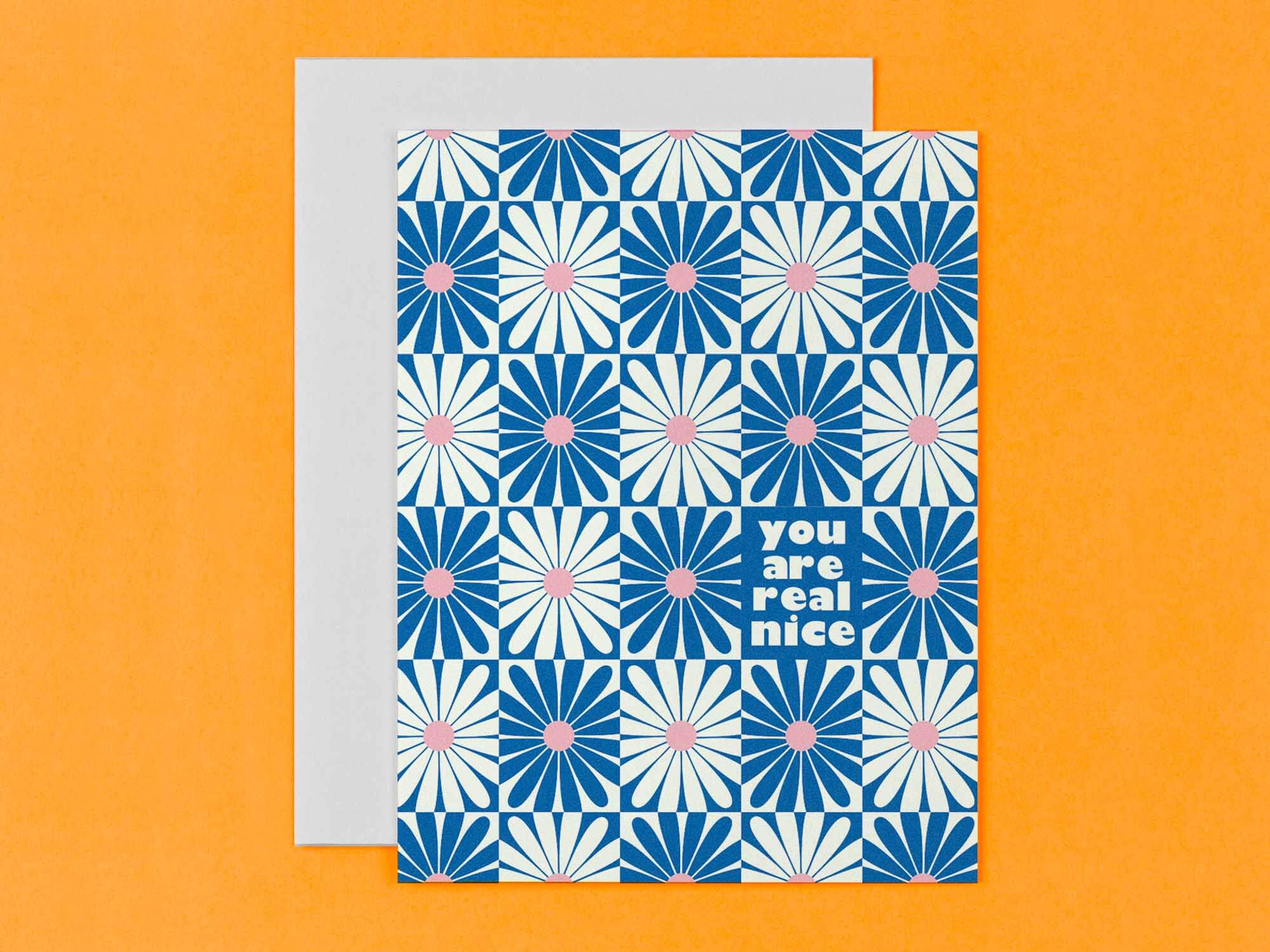 "You are real nice" vibrating checker daisy pattern thank you or friendship card. Vaguely op art inspired. Made in USA by My Darlin' @mydarlin_bk