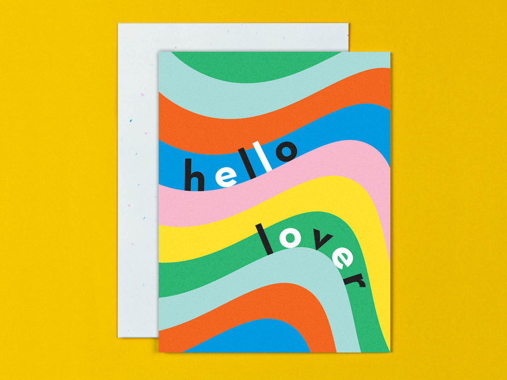 Hello Lover Rainbow Sex and the City quote love, valentine's day, or anniversary card with trippy rainbow pattern. Made in USA by My Darlin' @mydarlin_bk
