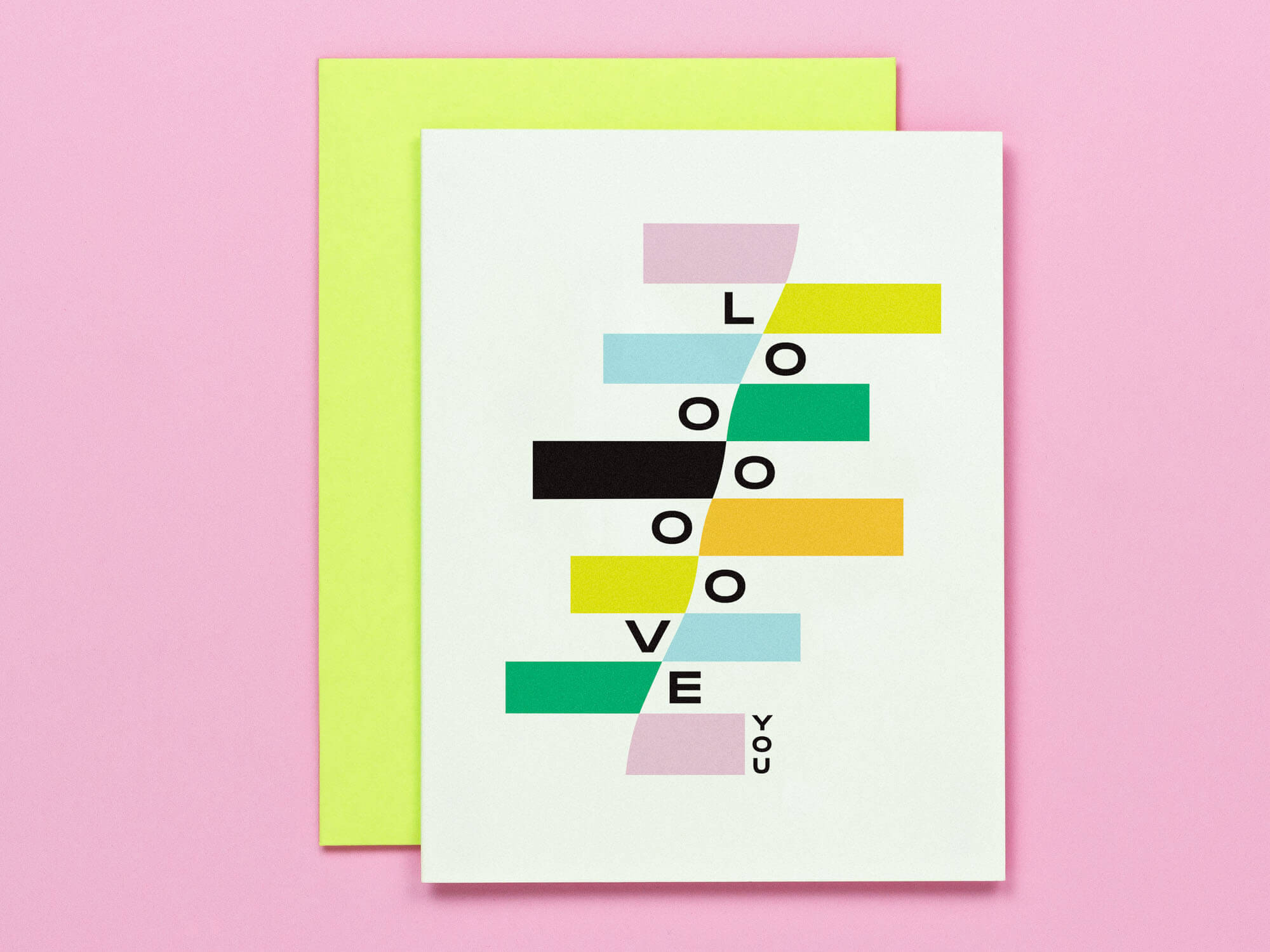 "Love You" love or friendship card designed with abstract stair step pattern in pastel hues with black and white accents. Inspired in part by the art of Wassily Kandinsky. Made in USA by My Darlin' @mydarlin_bk