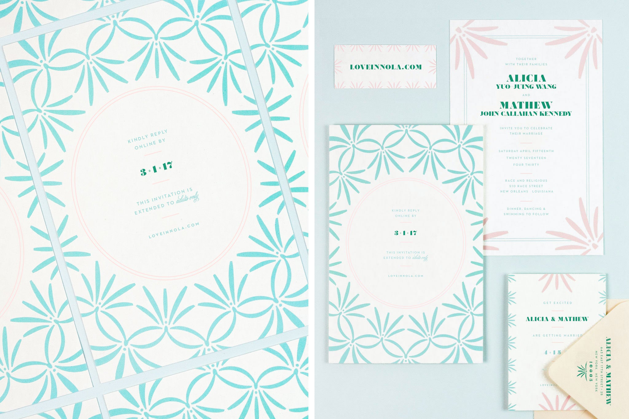 My Darlin' • Tropical Meets Deco Pastel Wedding Invitations and Save the Date for a Tax Day in Nola Wedding • www.mydarl.in