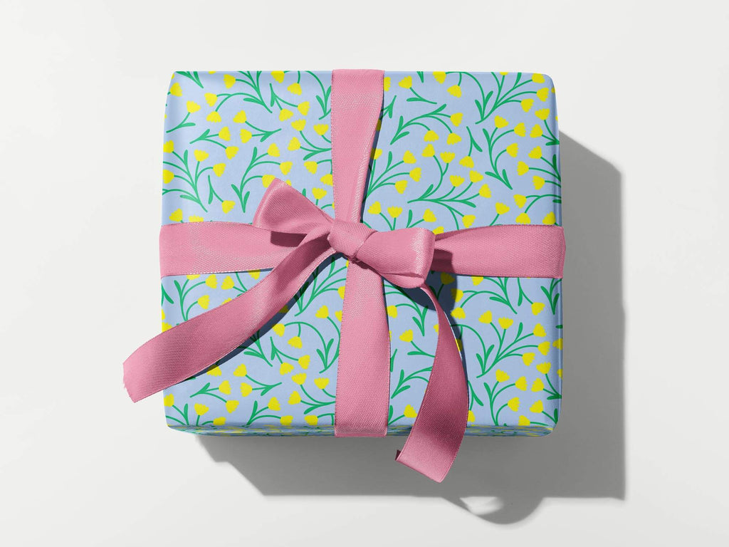 Fleurry Vision mod yellow and blue floral vine pattern wrapping paper. Colorful, modern, gift wrapping sheets with fun prints and patterns by @mydarlin_bk. Made in USA.