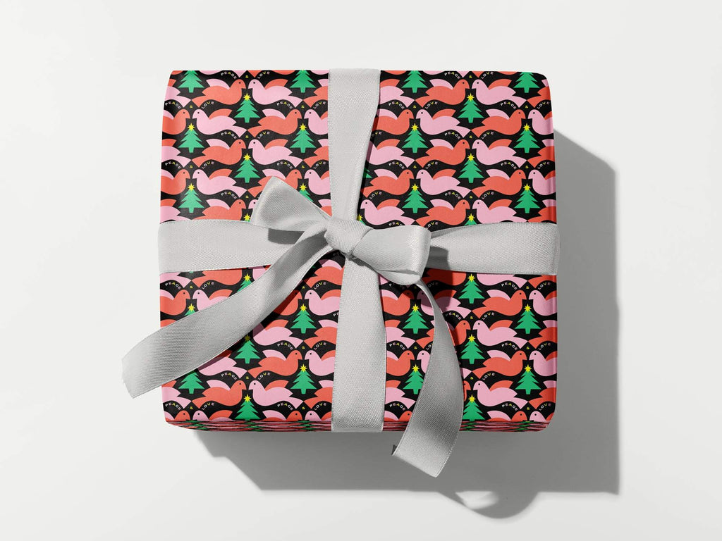 Mid-century inspired peace doves and Christmas tree pattern retro holiday wrapping paper. Made in USA by @mydarlin_bk.