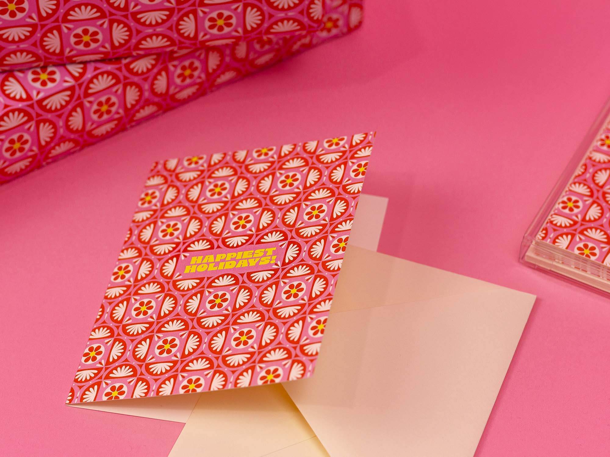 Festive Holidays • Festive Pattern Holiday Card (pink)