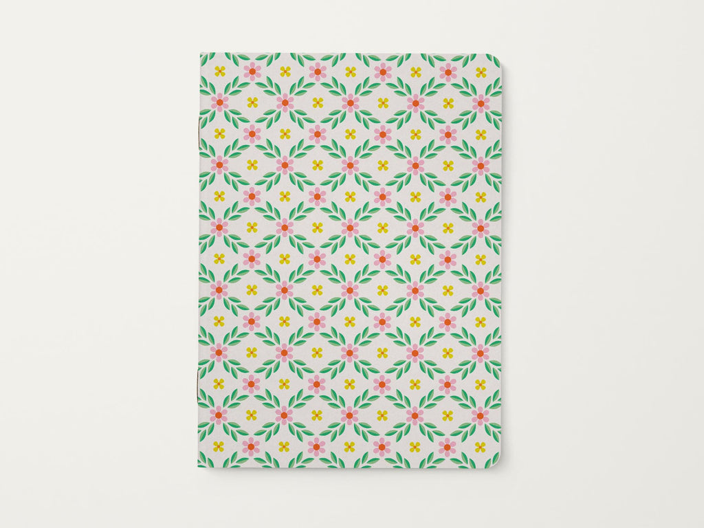Notebook with a pink and green retro grandma floral pattern on a white background