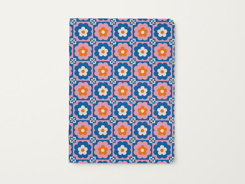 Retro blue, pink, and orange granny square floral checker pattern journal