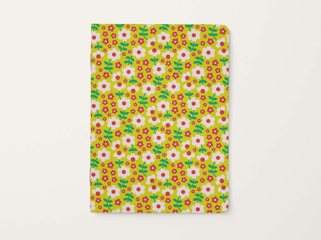 Fall colors white and red retro floral patterned notebook on a yellow background