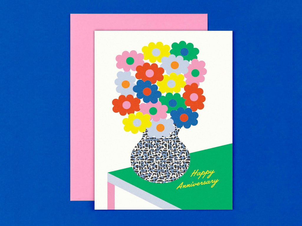 Flower Vase on a Colorblock Table Anniversary Card
