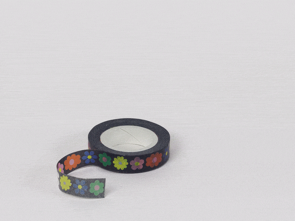 animation of multicolored flowers against a black background on skinny washi tape 