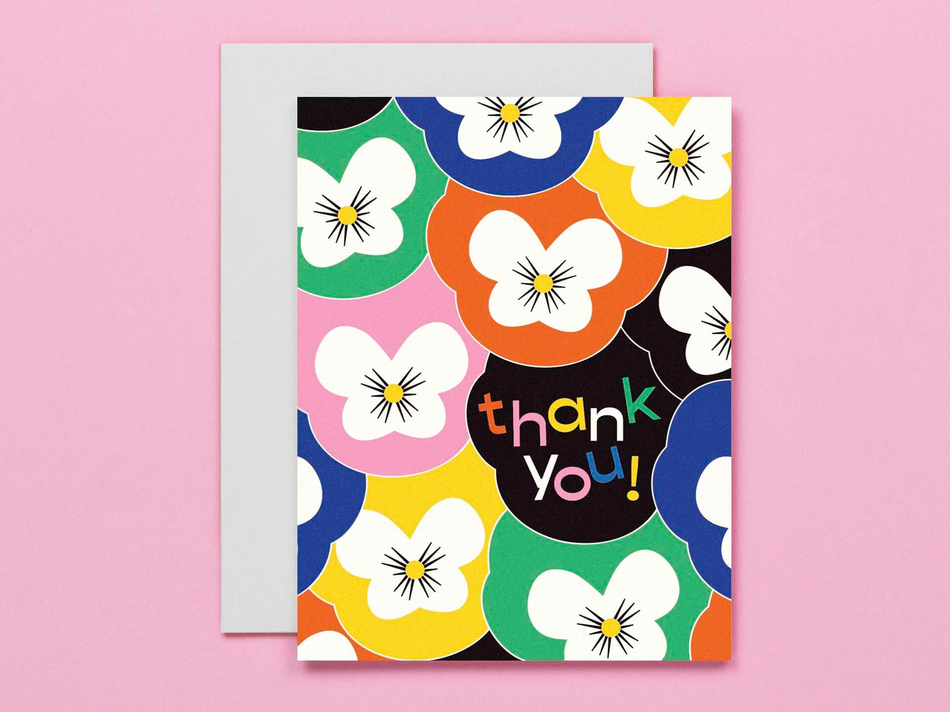 Technicolor Pansies Midcentury Floral Pattern Thank You Card – My