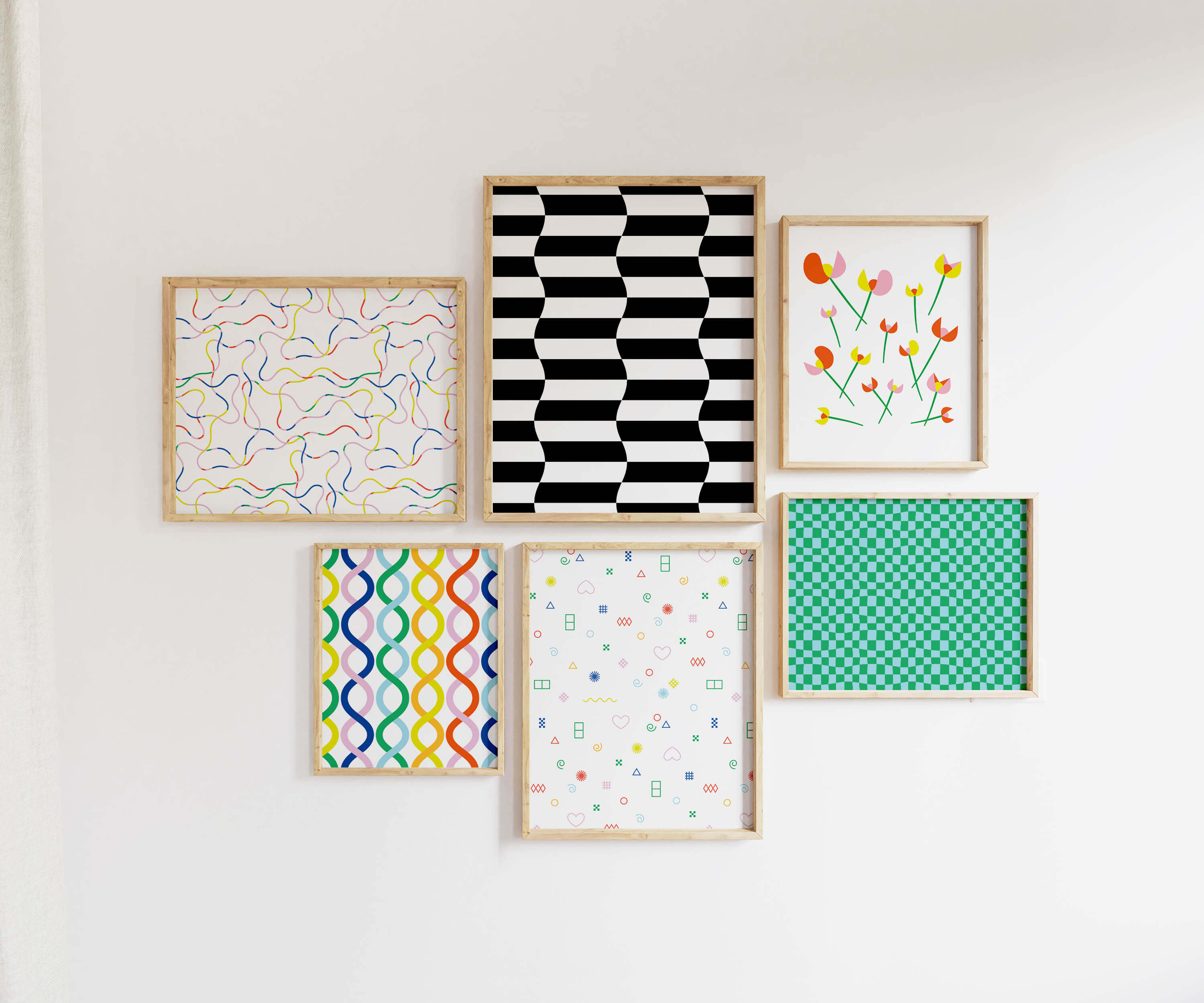 Gallery wall of colorful contemporary art prints of floral, abstract, checker and grid pattern art prints. Graphic, bold, vaguely mid-century inspired art. Made in USA by My Darlin' @mydarlin_bk