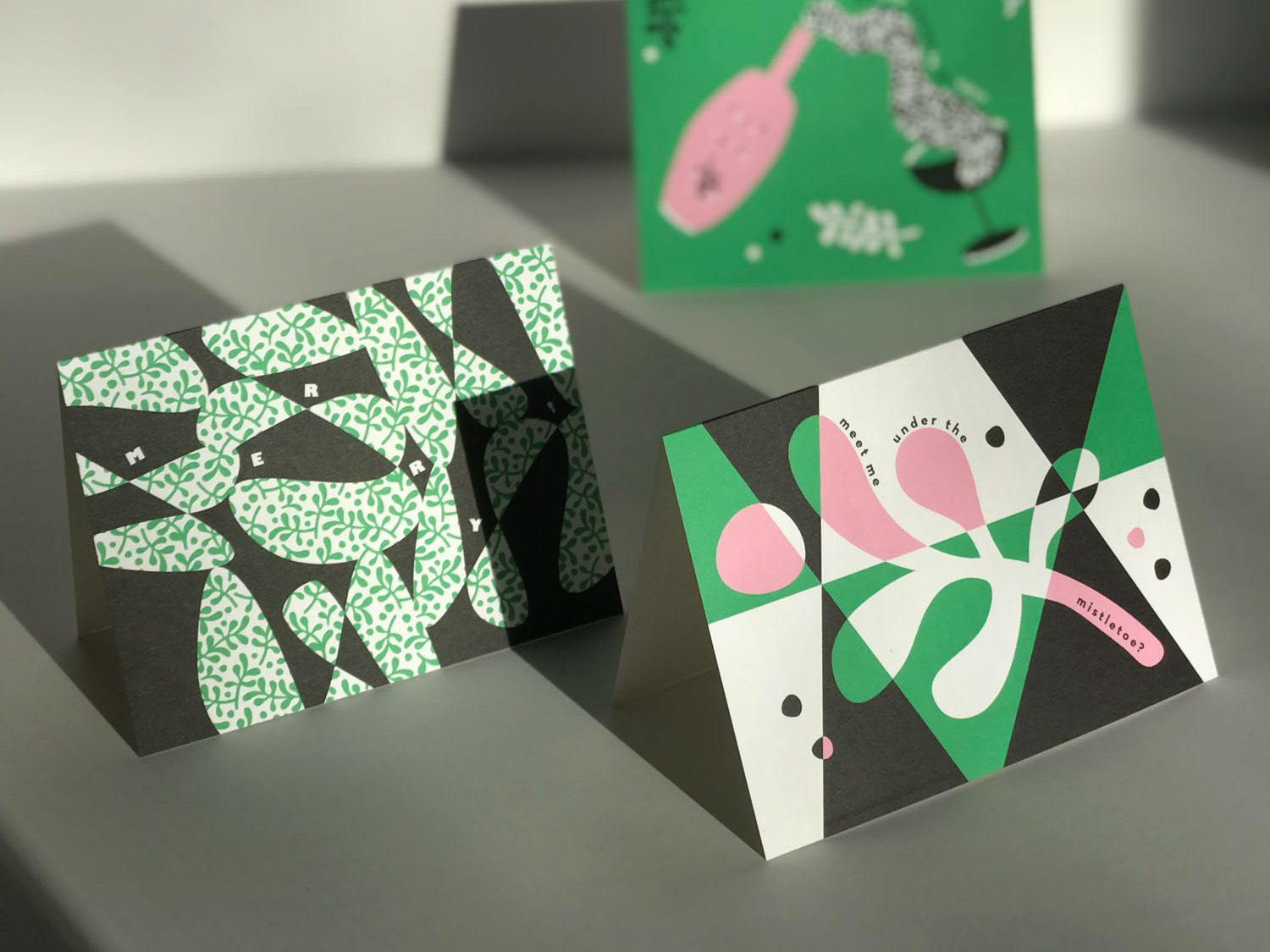 Pink and green retro, mid-century inspired Christmas and holiday cards by @mydarlin_bk