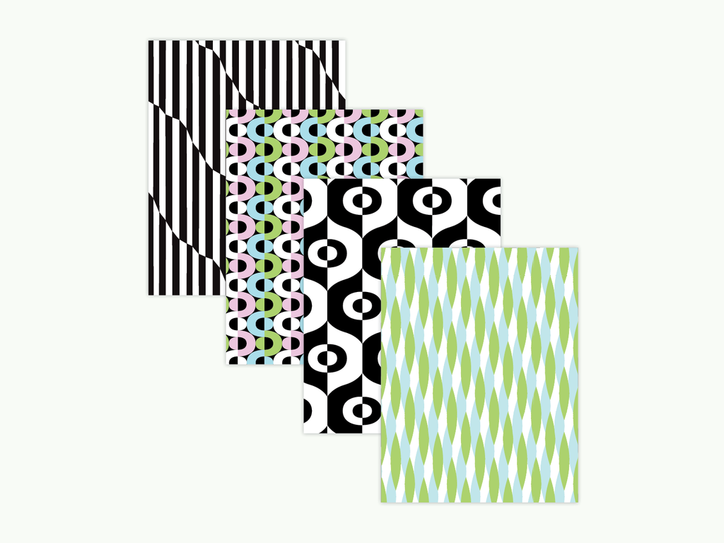 set of 8 vibrant abstract and geometric assorted blank pattern greeting cards with vaguely mod overtones. Mid-century and op art inspired designs. Made in USA by @mydarlin_bk