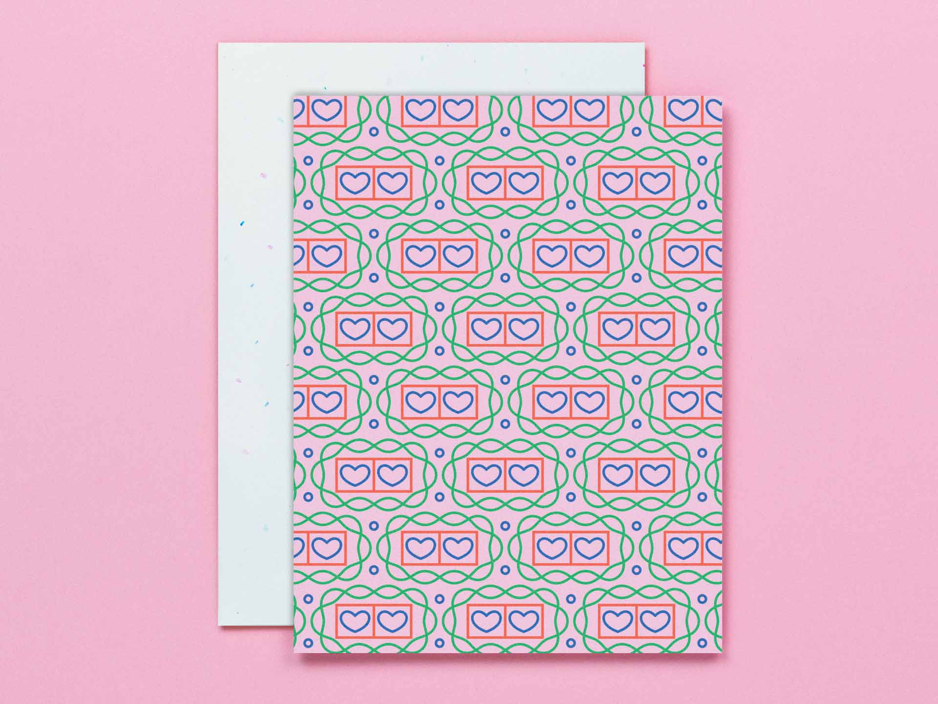 Double Heart Double Throb heart and geometric/decorative pattern love, Valentine's Day, or everyday blank card. Made in USA by @mydarlin_bk