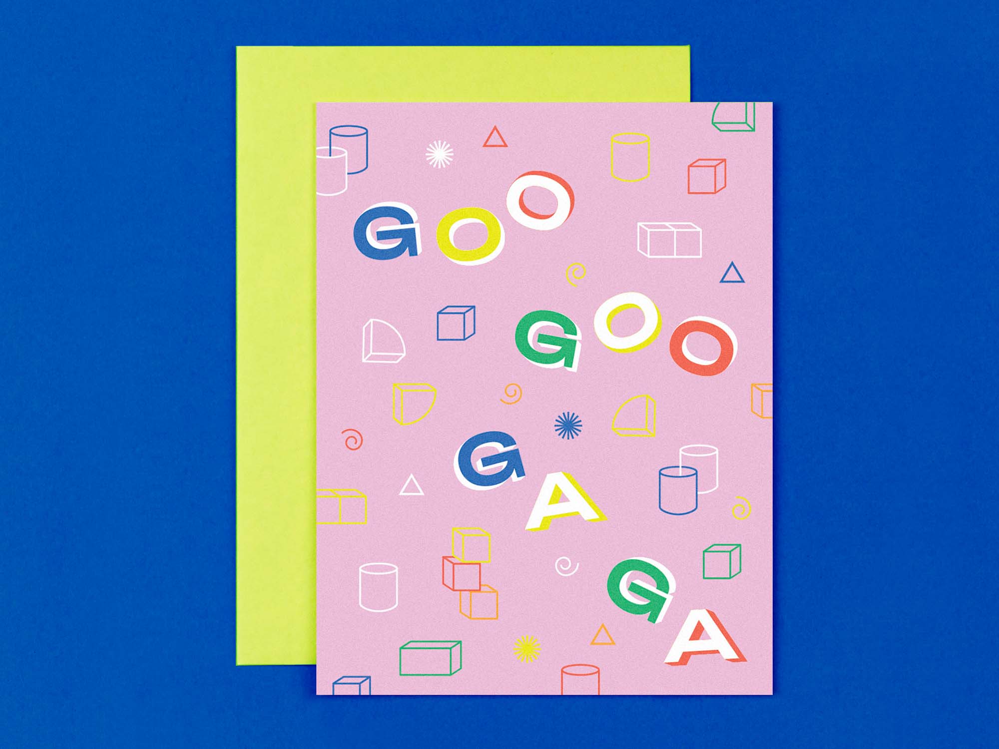 Goo Goo Ga Ga playful typographic gender neutral baby card with abstract blocks and shapes. Made in USA by @mydarlin_bk