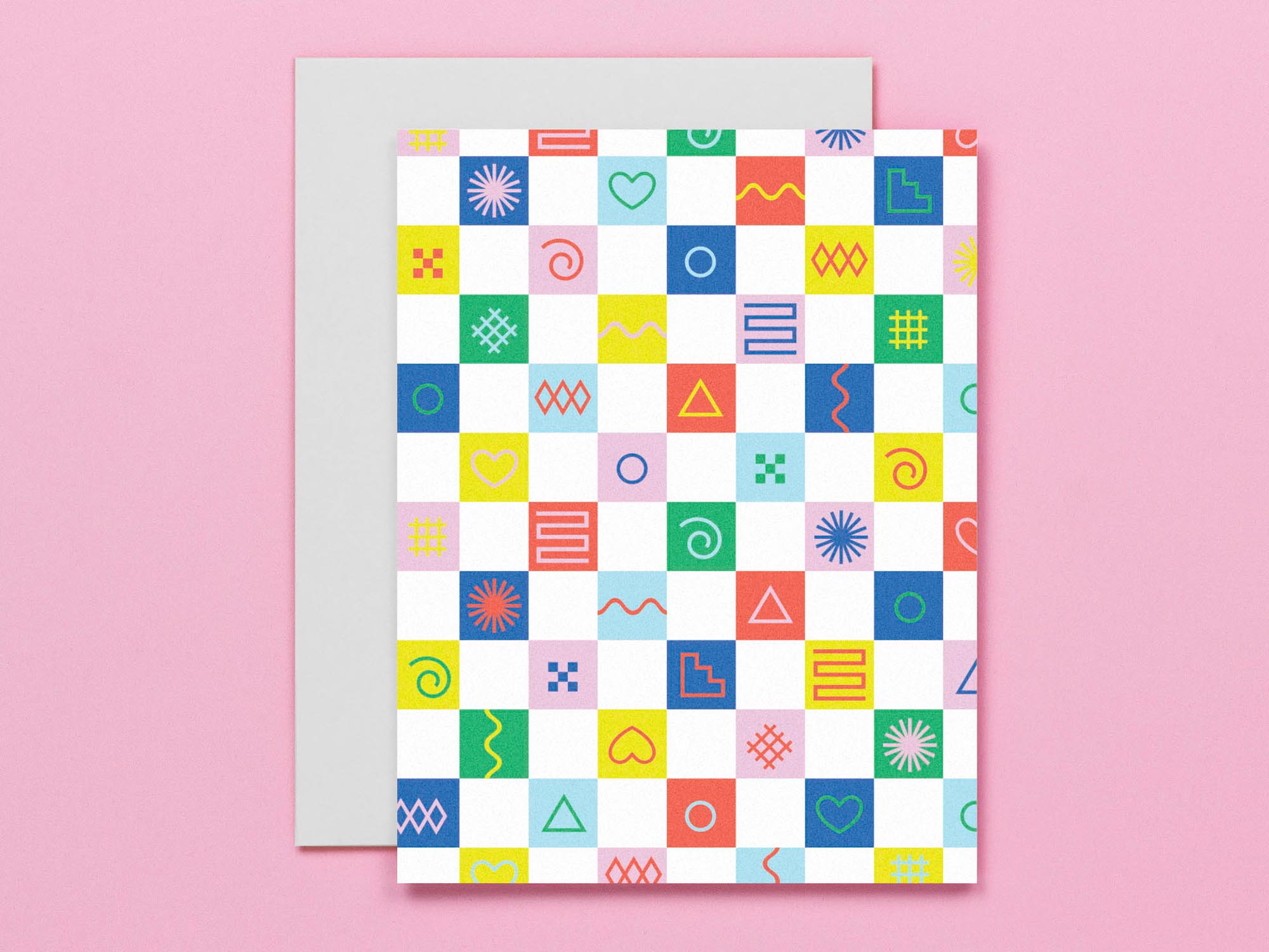 Multicolor geometric and abstract shapes in rainbow checks, all occasions blank pattern card. Made in USA by @mydarlin_bk