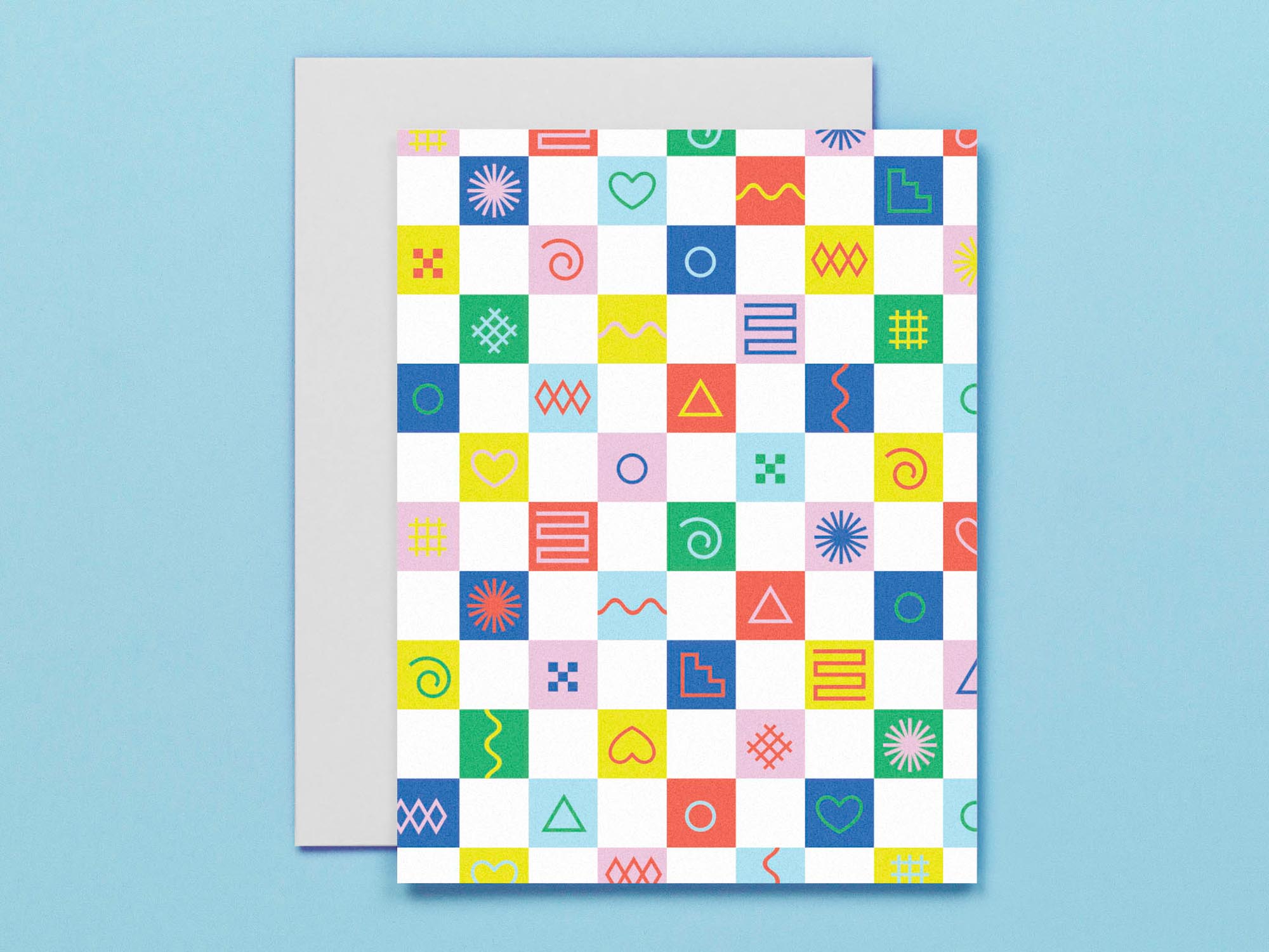 Multicolor geometric and abstract shapes in rainbow checks, all occasions blank pattern card. Made in USA by @mydarlin_bk