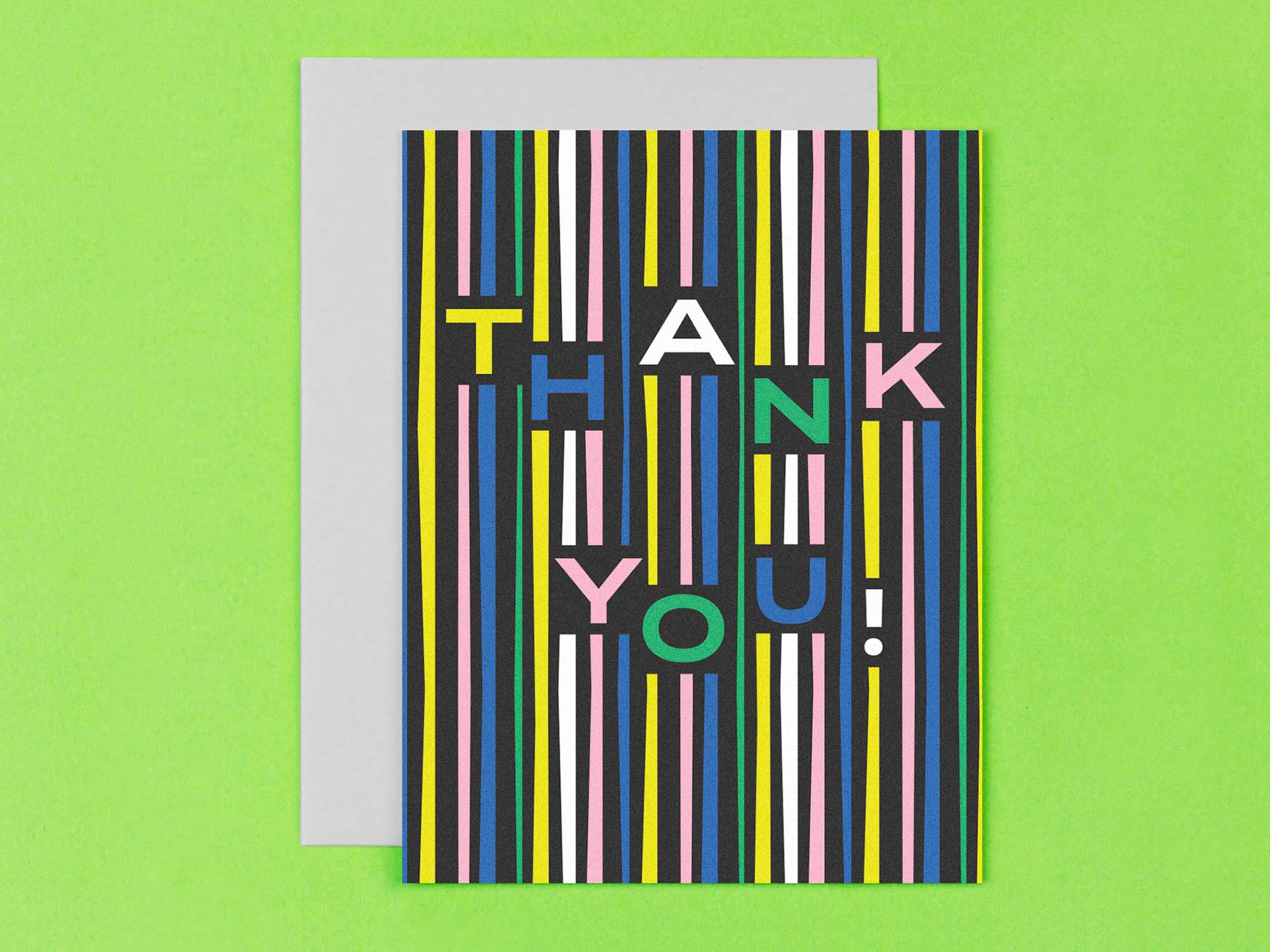 Mid-century inspired thank you card with bold typography and abstract party streamers pattern. Made in USA by @mydarlin_bk