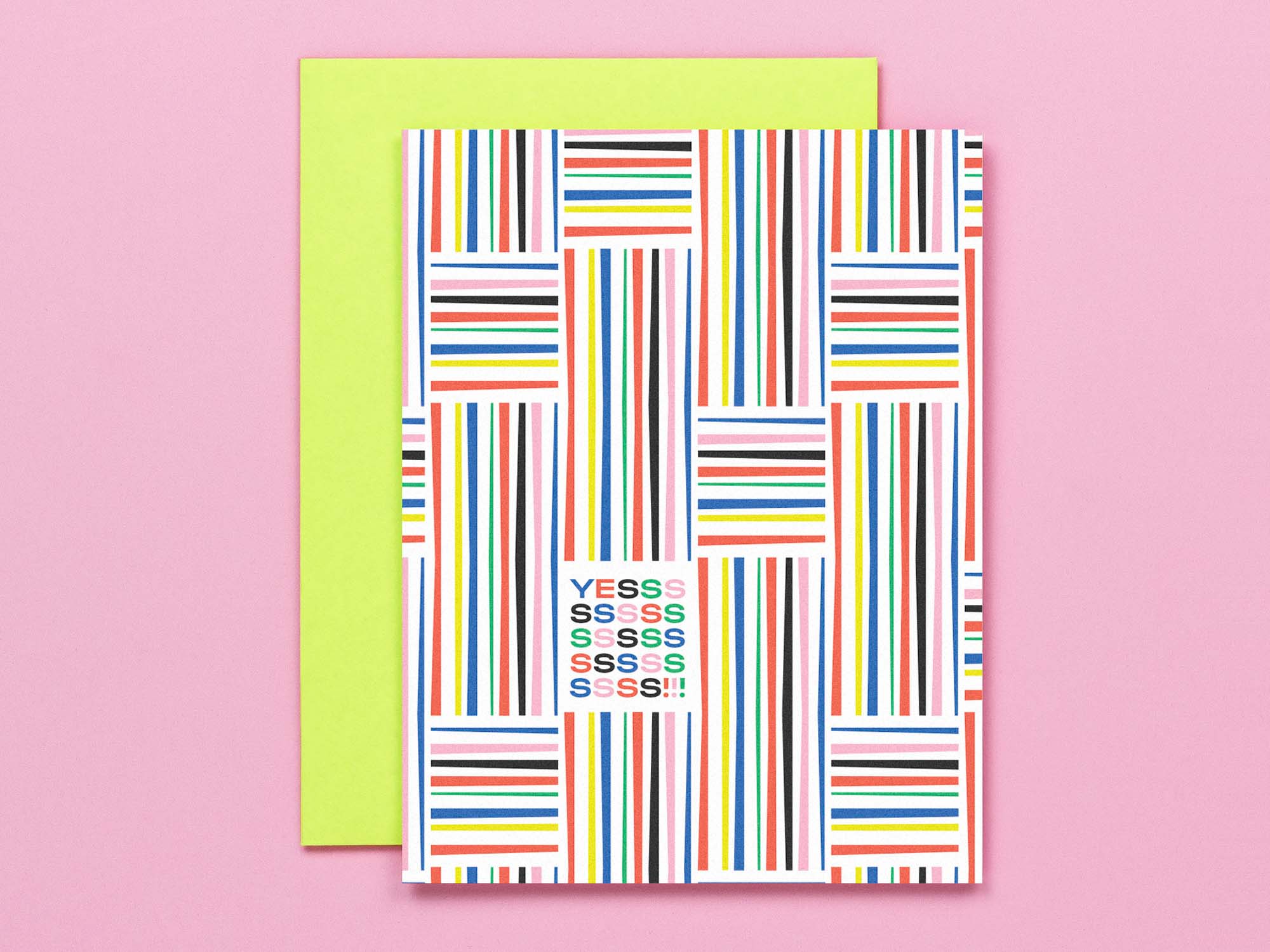 Mid-century inspired "Yessss" congrats or encouragement card with a pattern of stripes on stripes. Made in USA by @mydarlin_bk
