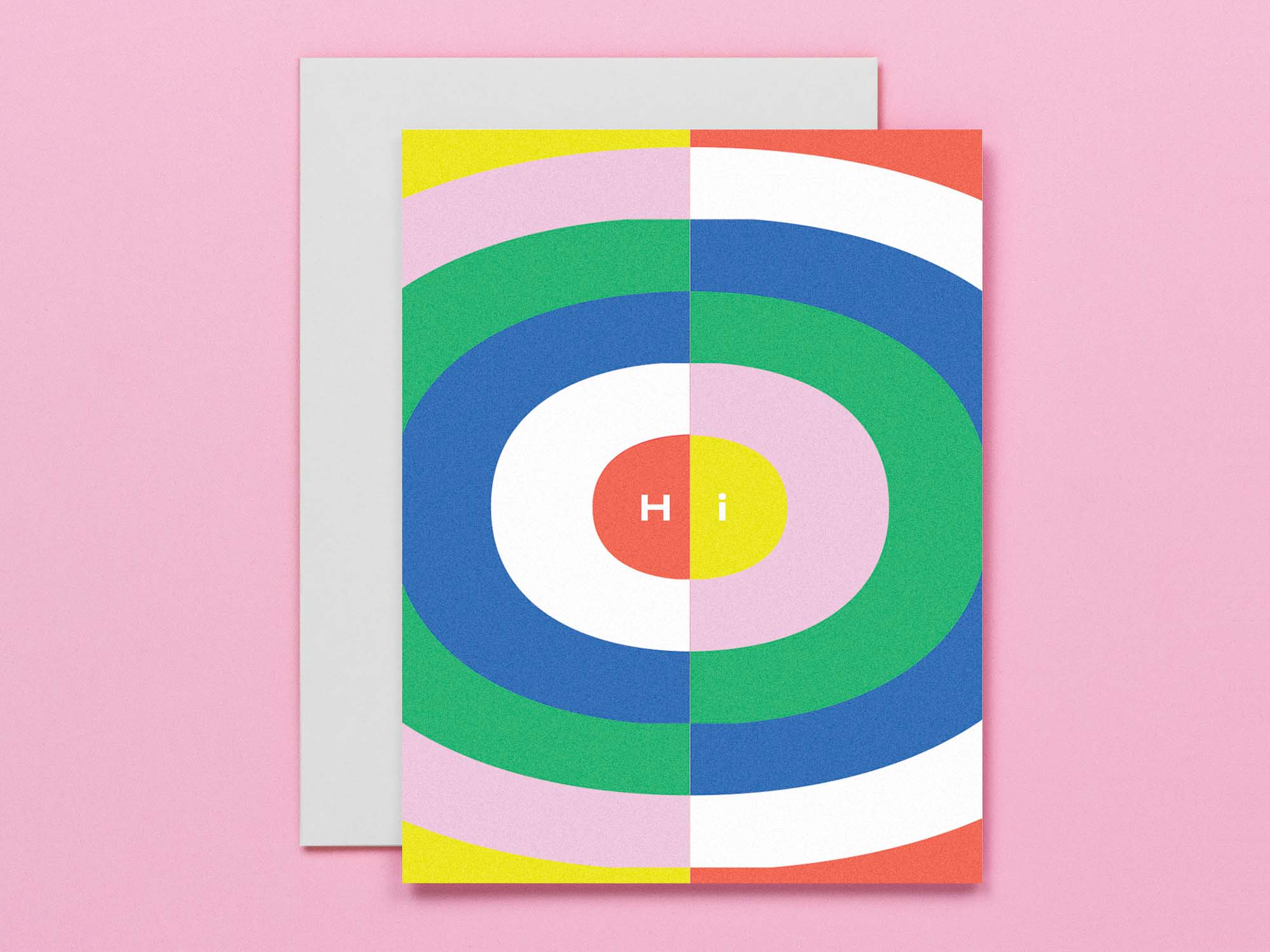 "Hi" card. Circles in circles in circles op art inspired design. Made in USA by @mydarlin_bk