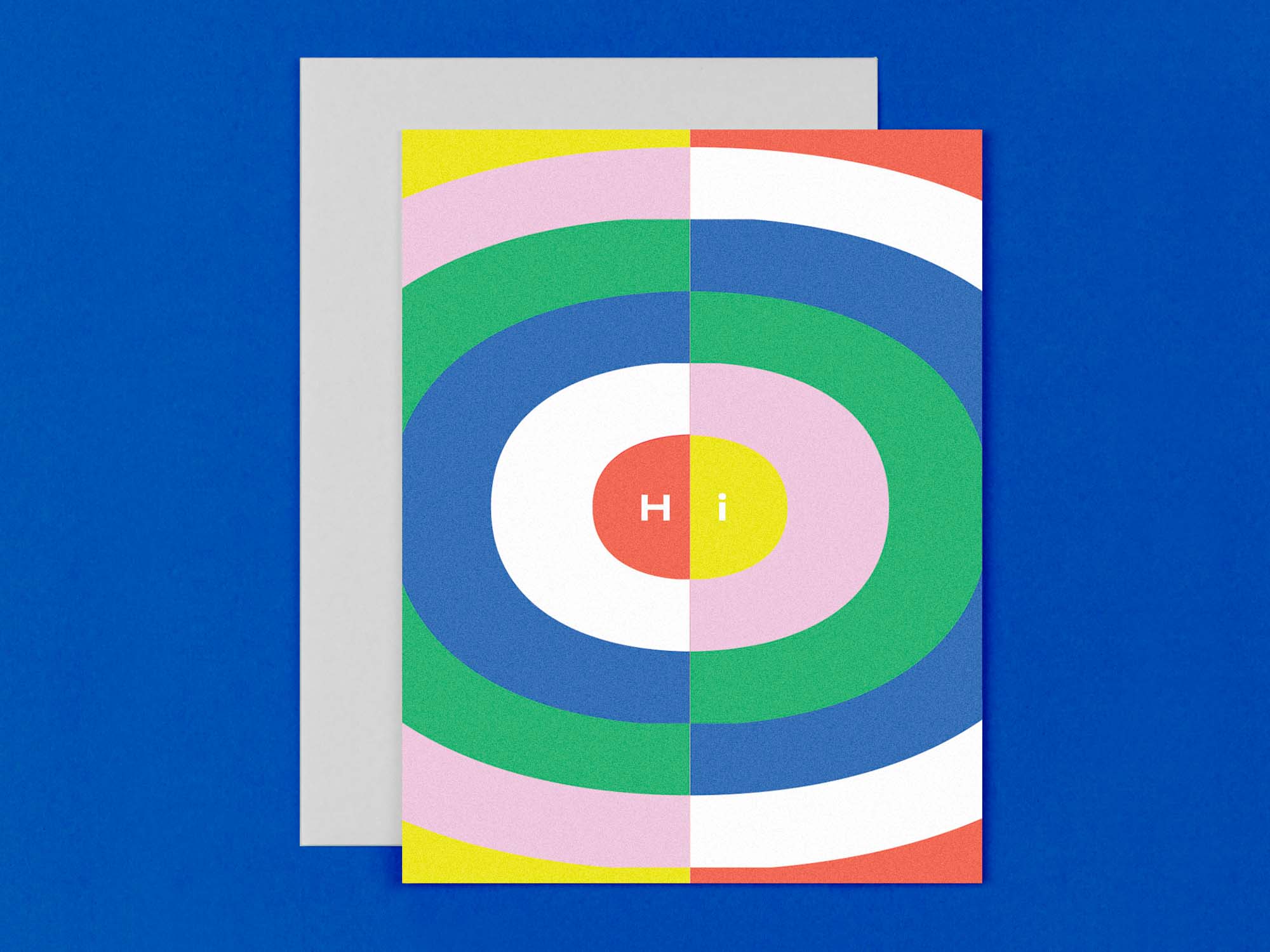 "Hi" card. Circles in circles in circles op art inspired design. Made in USA by @mydarlin_bk