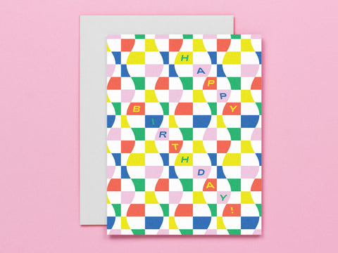 Wavy Rainbow Checkers Happy Birthday Card