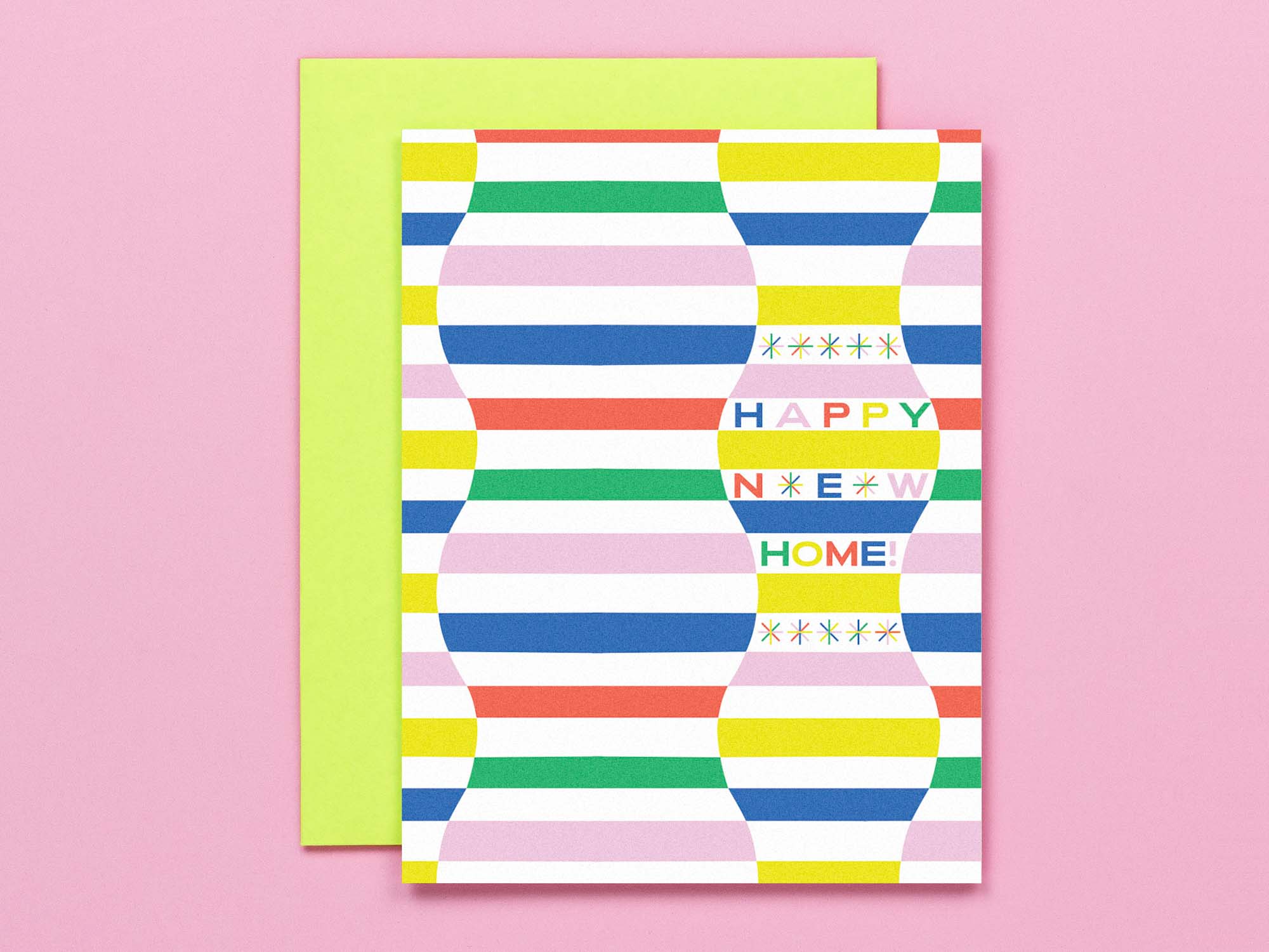 "Happy New Home" housewarming card with rainbow checker pattern. Made in USA by @mydarlin_bk