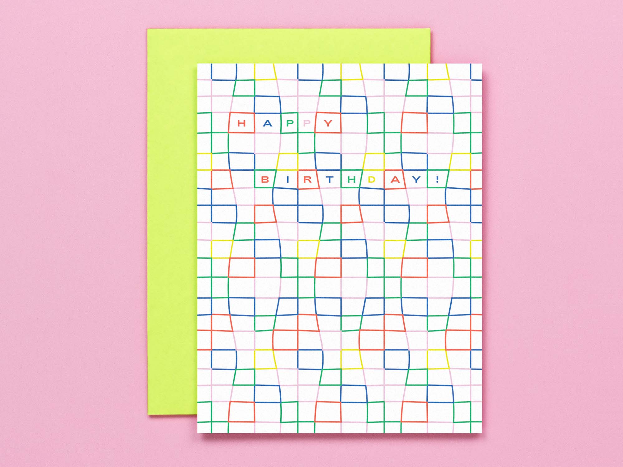 Birthday card with wavy checker rainbow grid pattern. Made in USA by @mydarlin_bk