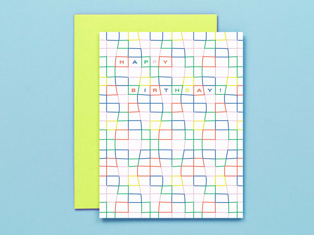 Birthday card with wavy checker rainbow grid pattern.
Made in USA by @mydarlin_bk