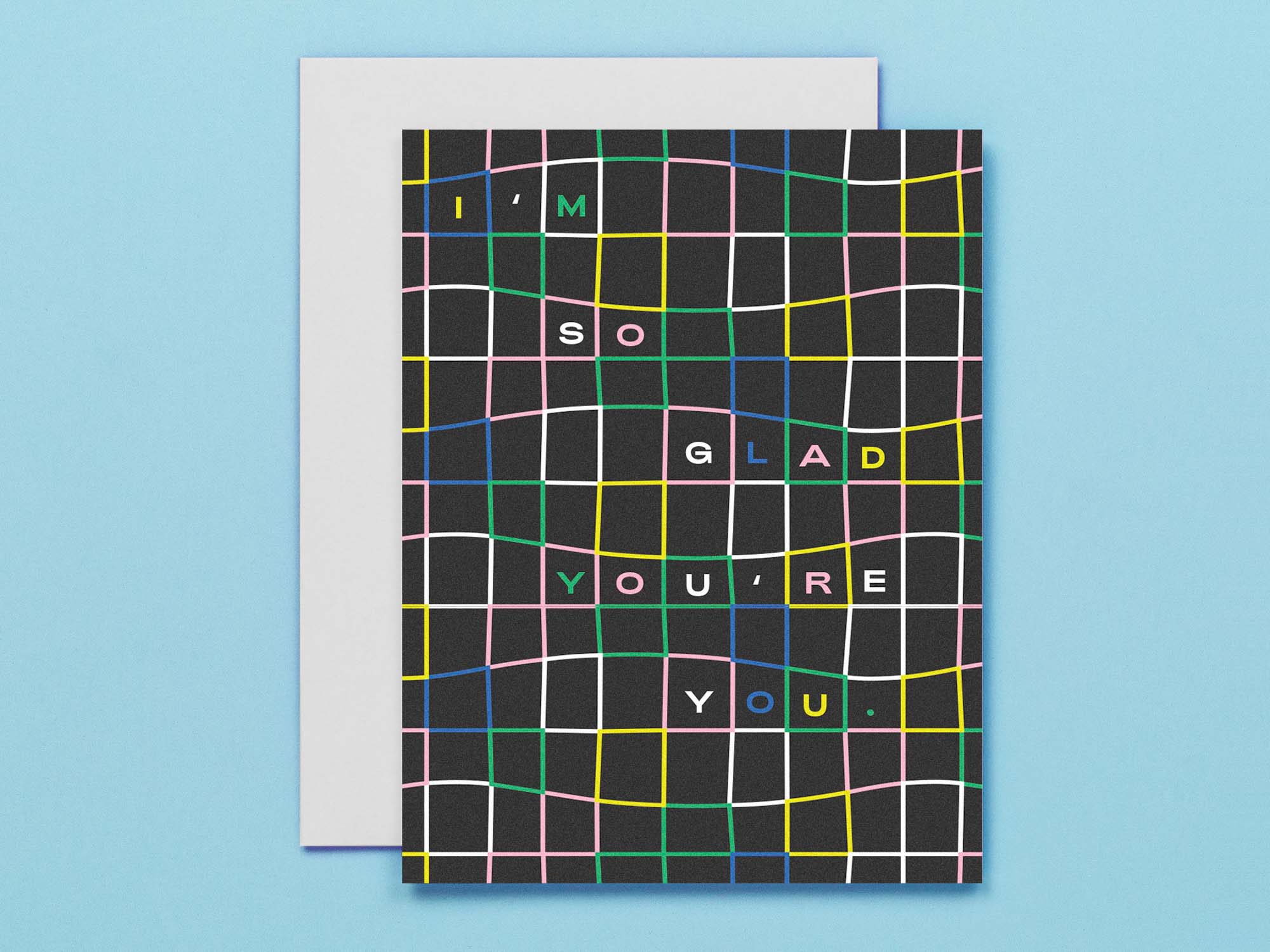 "I'm So Glad You're You" love or friendship card with wavy checker grid pattern. Made in USA by @mydarlin_bk
