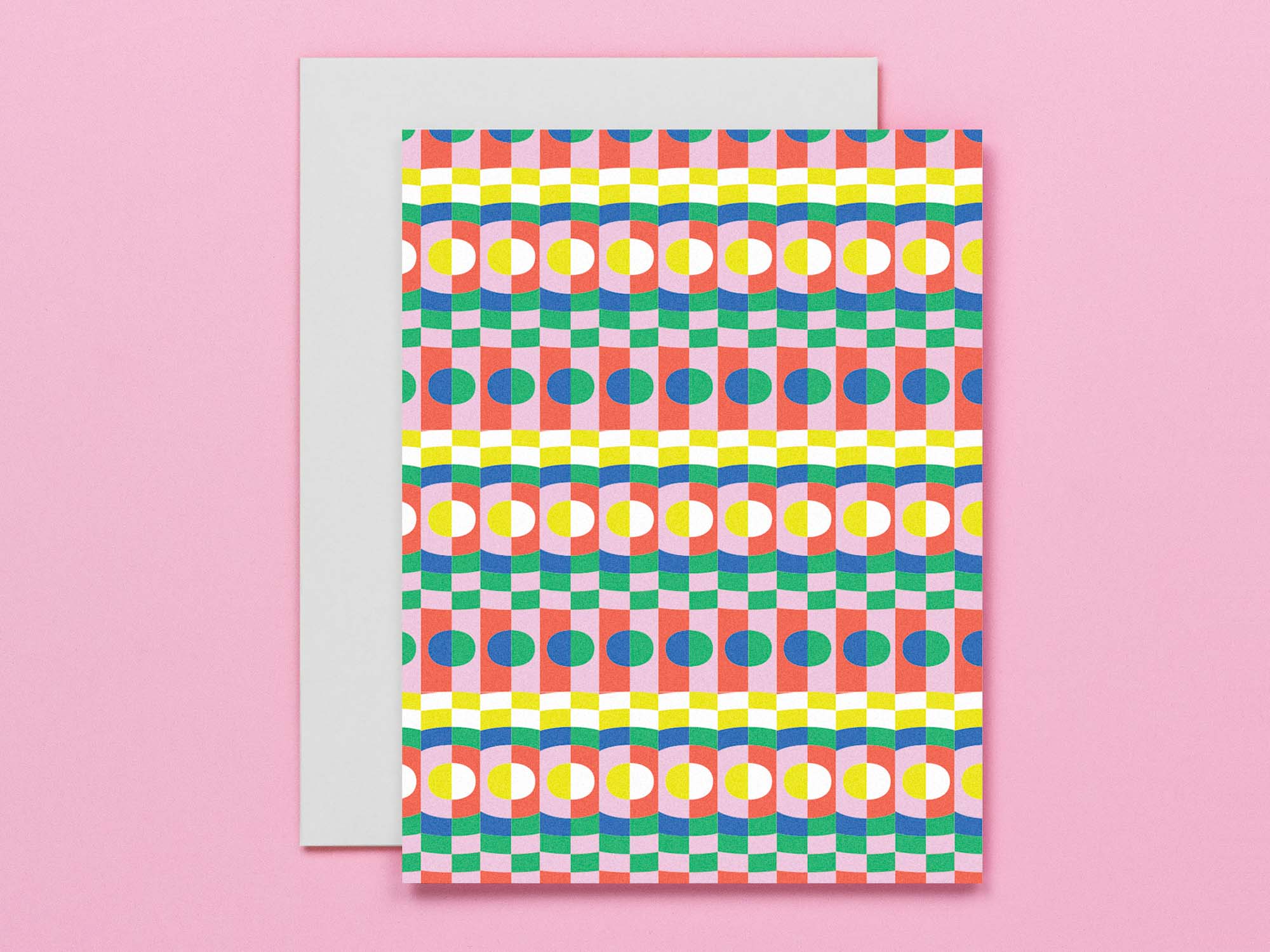Hypnotic op art inspired multicolor dot and checker pattern blank cards for all occasions. Made in USA by @mydarlin_bk