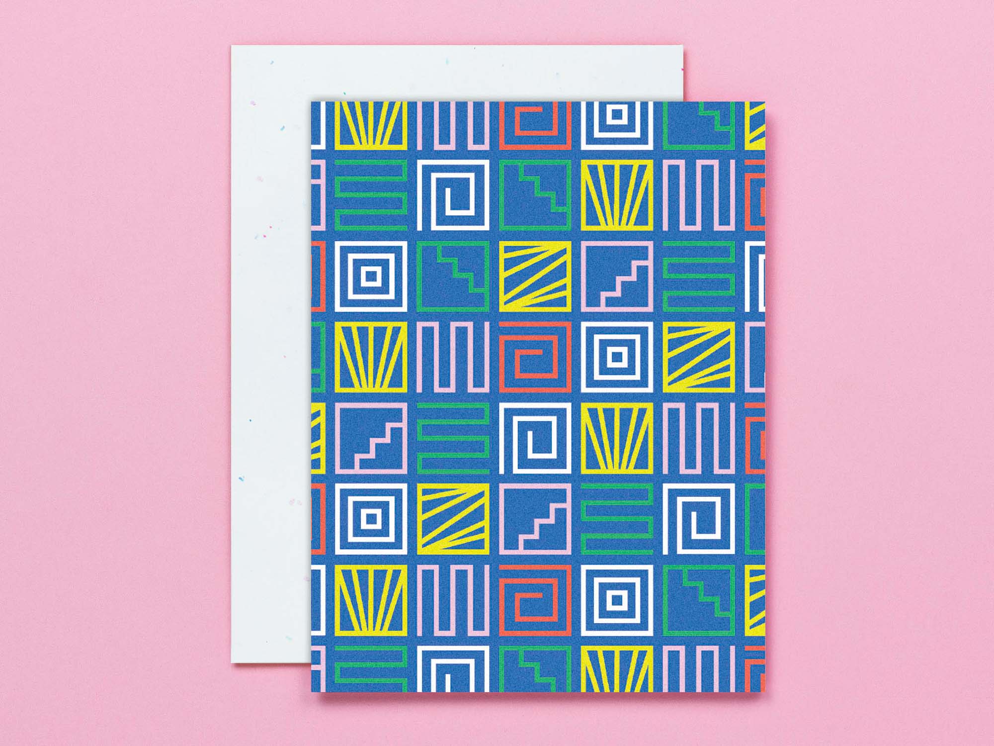 Grid of multicolor geometric and abstract line art shapes, all occasions blank pattern card. Made in USA by @mydarlin_bk