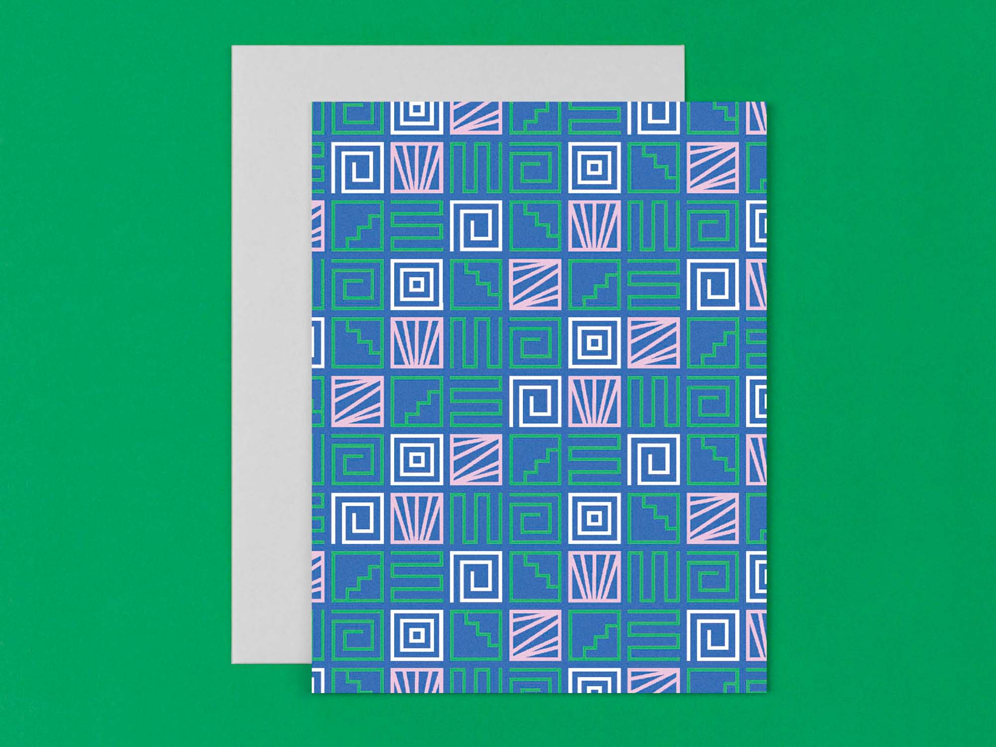 Grid of multicolor geometric and abstract line art shapes, all occasions blank pattern card. Made in USA by @mydarlin_bk
