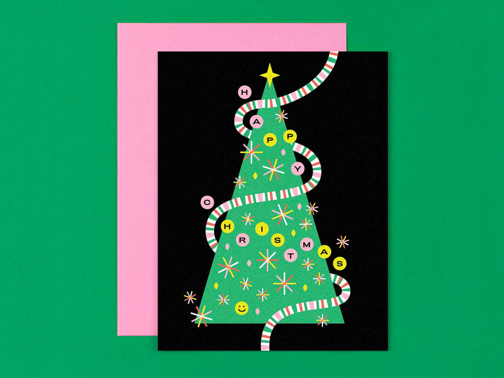 "Happy Christmas" mid-century inspired Christmas Tree Christmas card with tinsel and twinkling ights and a happy lil' bauble. Made in USA by @mydarlin_bk