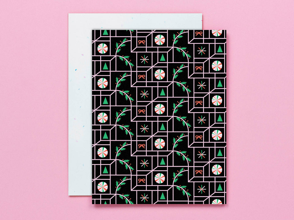 Mid-century and op art inspired optical illusion pattern holiday card with peppermints, holly, bows, christmas trees, and twinkly stars. Made in USA by @mydarlin_bk