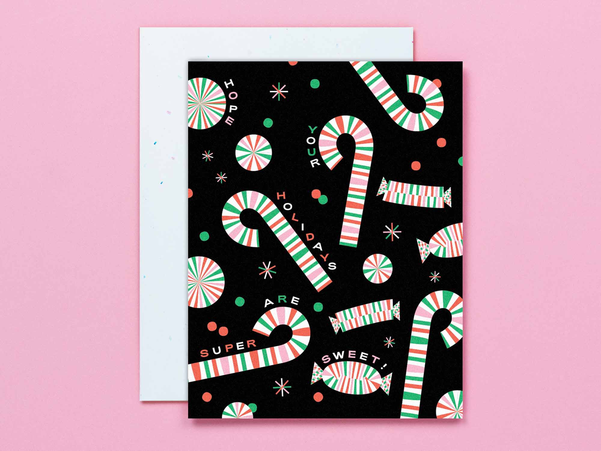 Mid-century inspired candy illustration holiday cards with with peppermints and candy canes. Made in USA by @mydarlin_bk