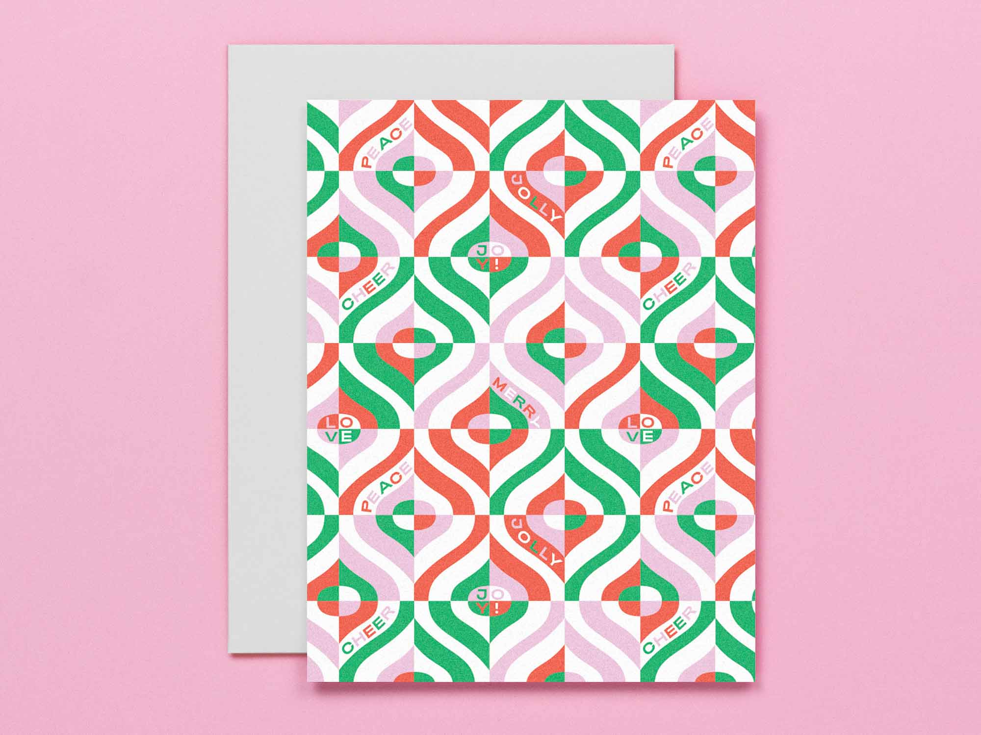 Mid-century inspired pattern holiday card with festive holiday phrases: peace, love, merry, jolly, cheer. Made in USA by @mydarlin_bk