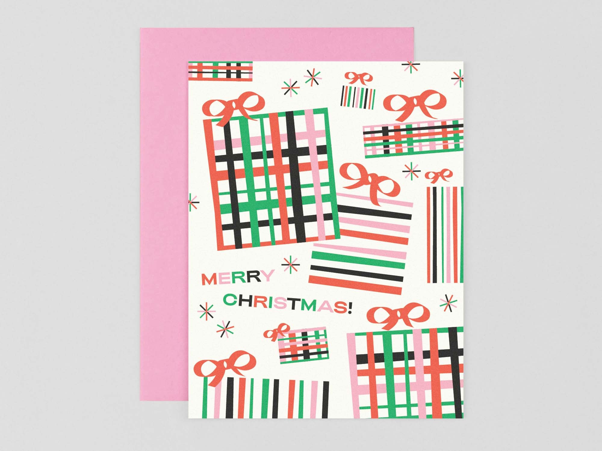 "Merry Christmas" mid-century inspired Christmas presents holiday cards with with a pile of bow-topped presents and twinkly stars. Made in USA by @mydarlin_bk