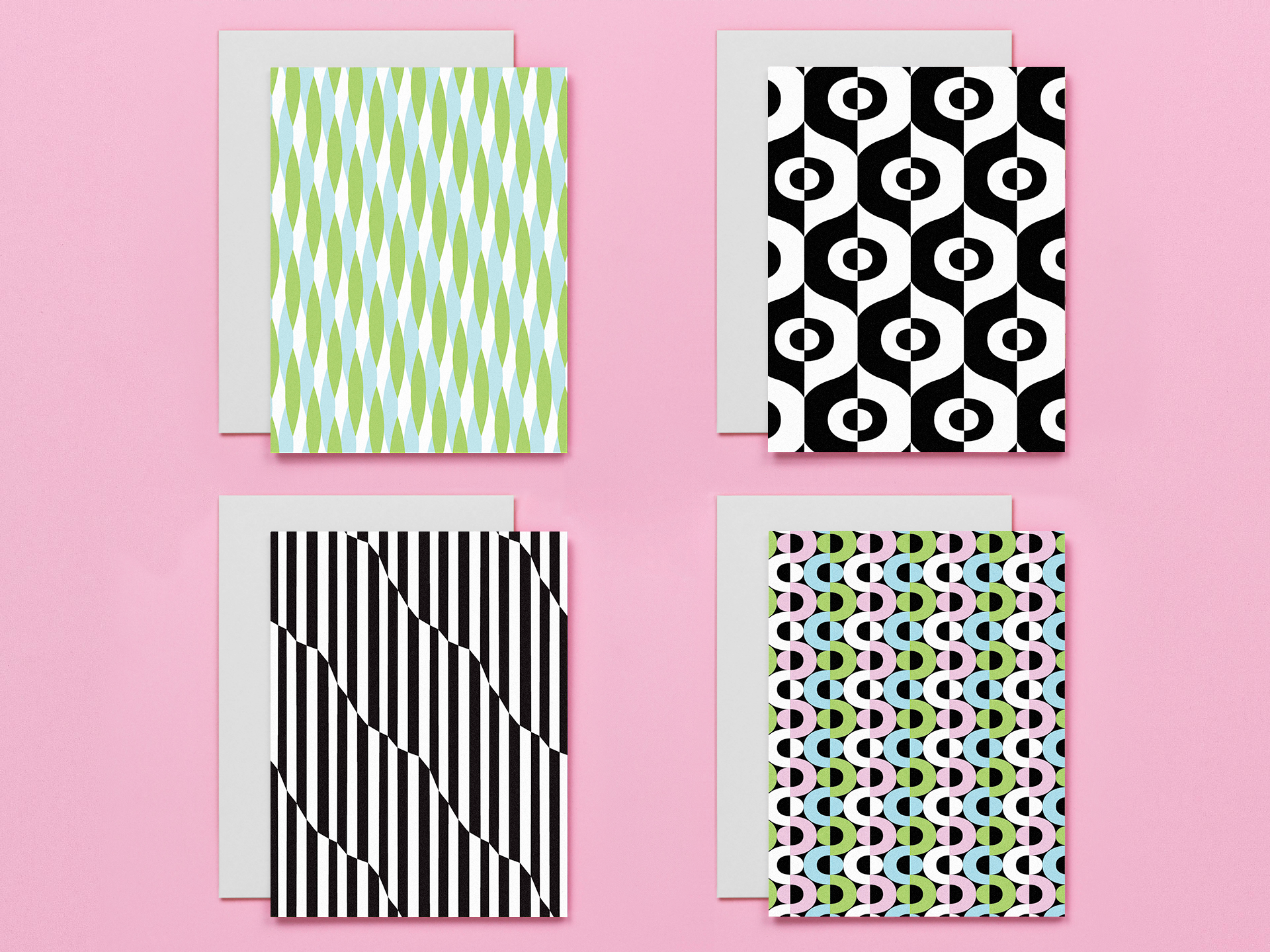 set of 8 vibrant abstract and geometric assorted blank pattern greeting cards with vaguely mod overtones. Mid-century and op art inspired designs. Made in USA by @mydarlin_bk