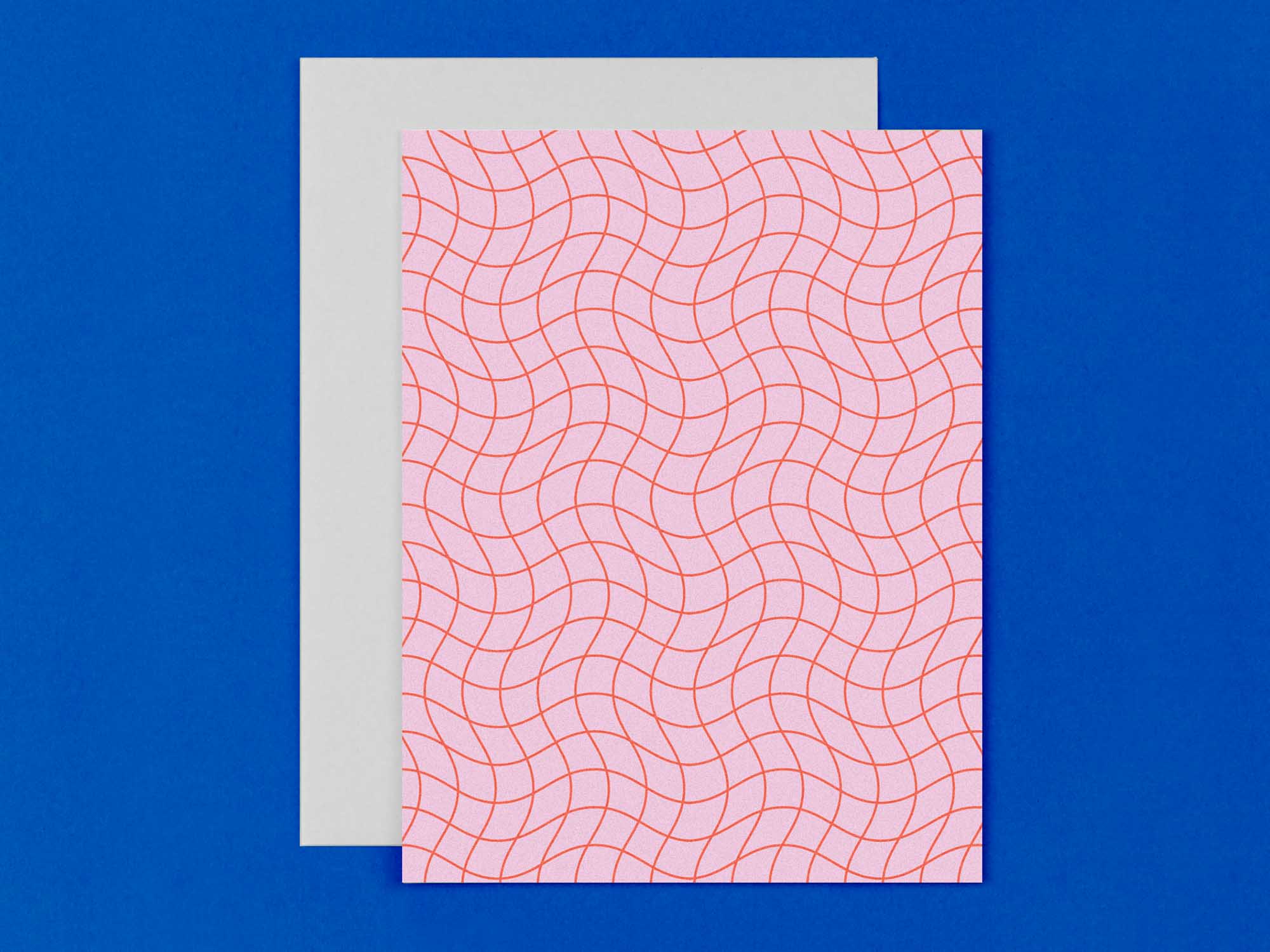 Red and Pink Wavy Grid. Set of 8 checker and grid pattern assorted blank greeting cards that bend space and time. Made in USA by @mydarlin_bk