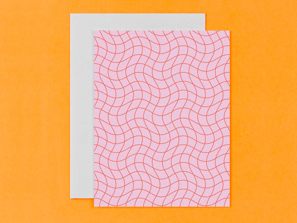 "La Grid En Rose" wavy grid blank pattern cards in red and pink, all occasions greeting card. Made in USA by @mydarlin_bk