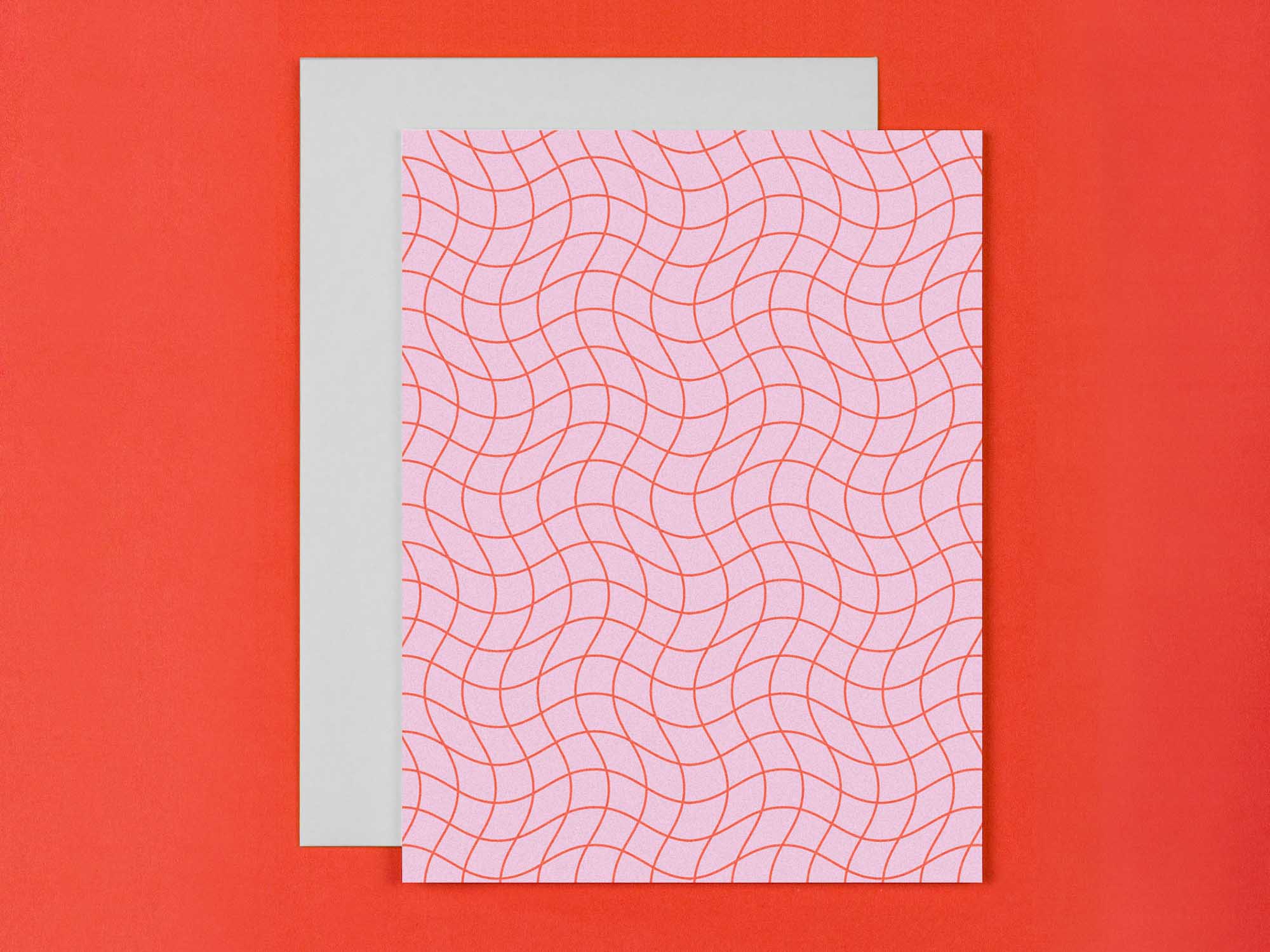 "La Grid En Rose" wavy grid blank pattern cards in red and pink, all occasions greeting card. Made in USA by @mydarlin_bk