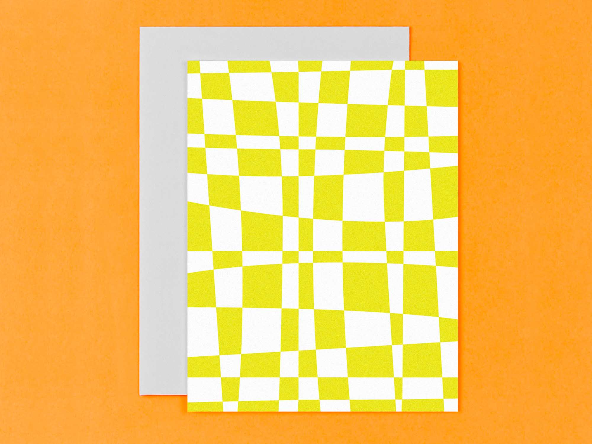 Yellow Warped Checks. Set of 8 checker and grid pattern assorted blank greeting cards that bend space and time. Made in USA by @mydarlin_bk