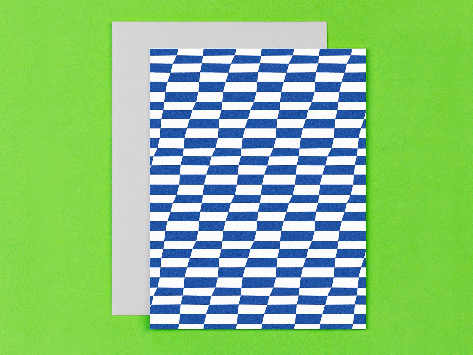 "Lean Ennui" leaning checker blank pattern cards in blue and white all occasions greeting card. Made in USA by @mydarlin_bk