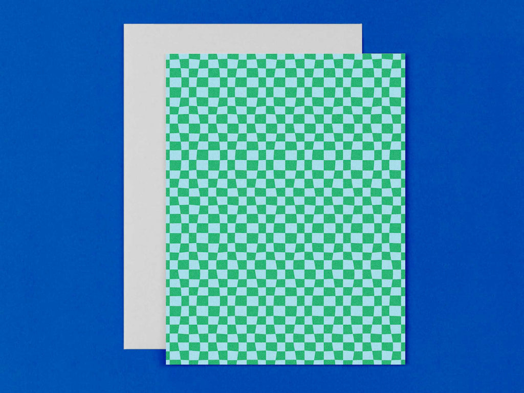 Chunky wavy checker blank pattern cards in blue and green, all occasions greeting card. Made in USA by @mydarlin_bk