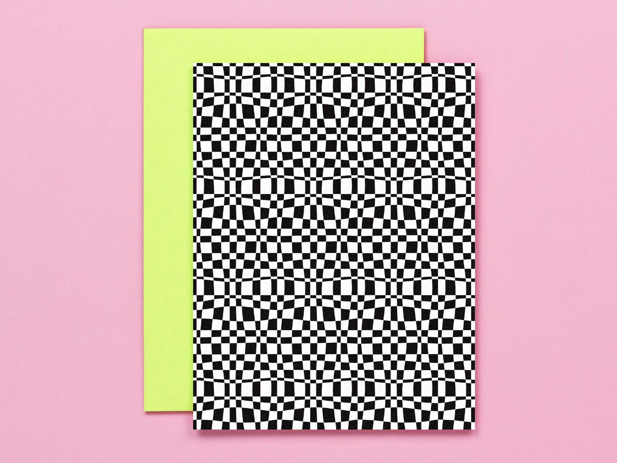 "Time Warp" warped checker blank pattern cards in black and white, all occasions greeting card. Made in USA by @mydarlin_bk