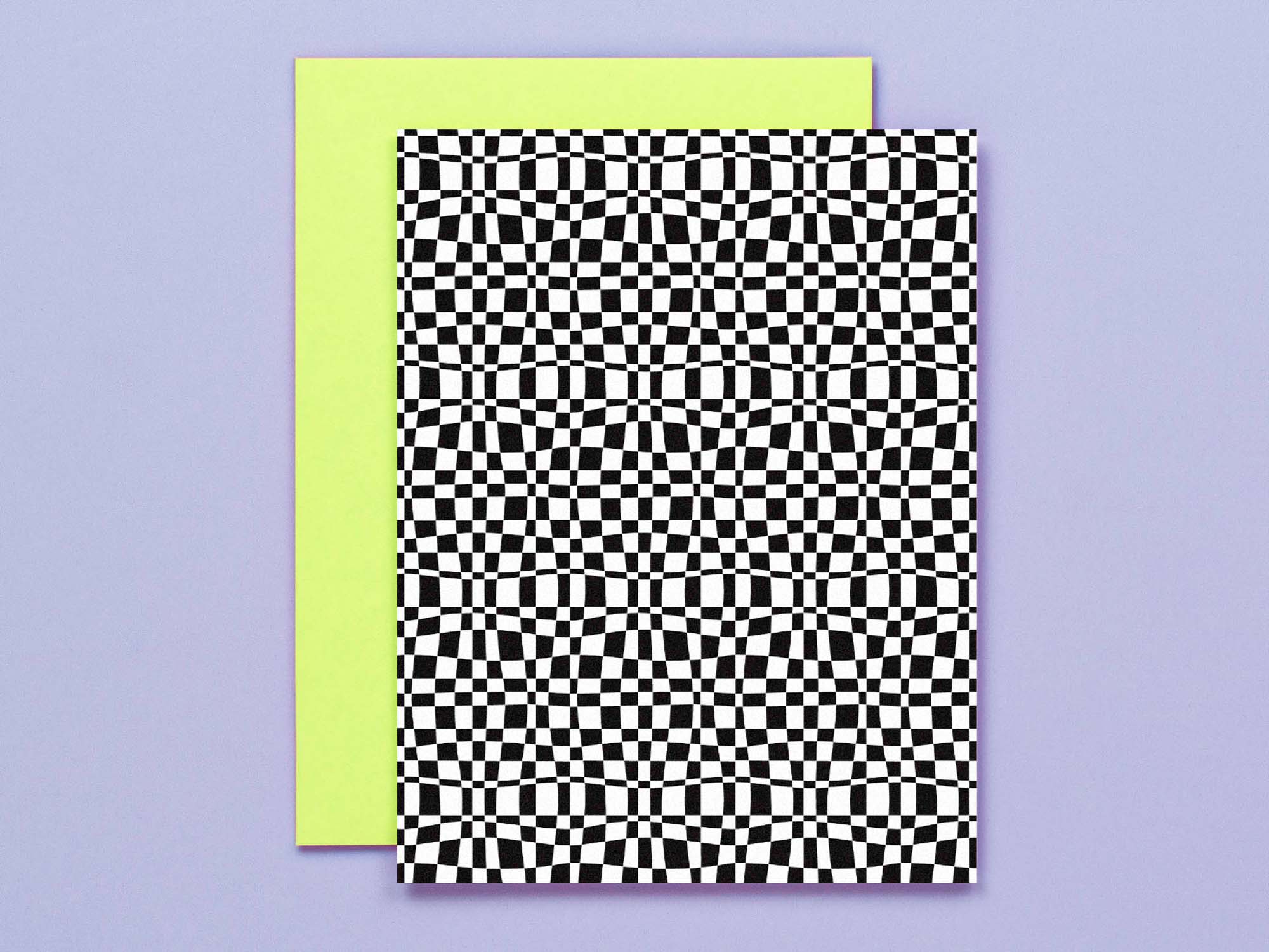 "Time Warp" warped checker blank pattern cards in black and white, all occasions greeting card. Made in USA by @mydarlin_bk