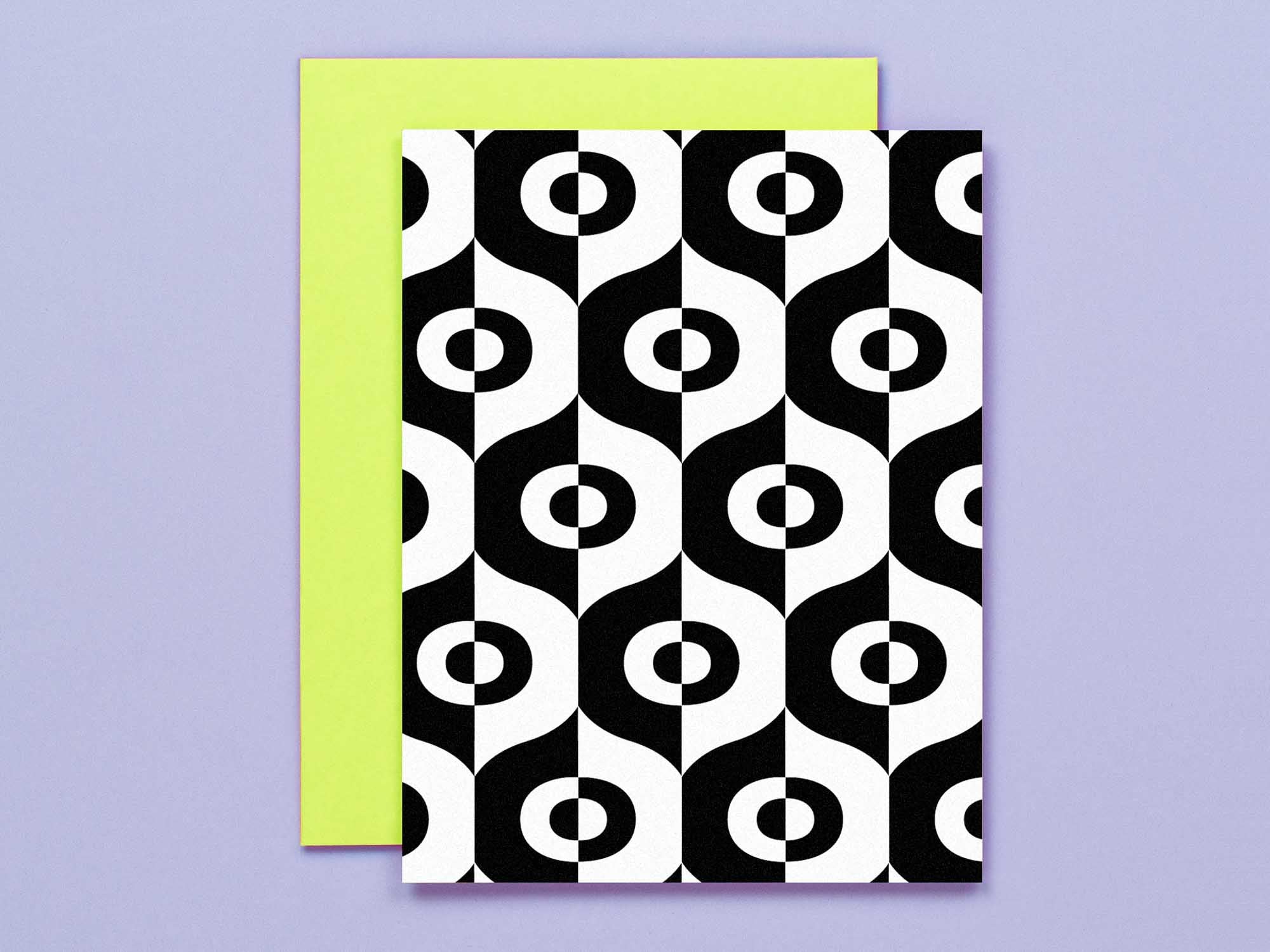 "Edie" mod and op art inspired blank pattern cards in black and white, all occasions greeting card. Made in USA by @mydarlin_bk