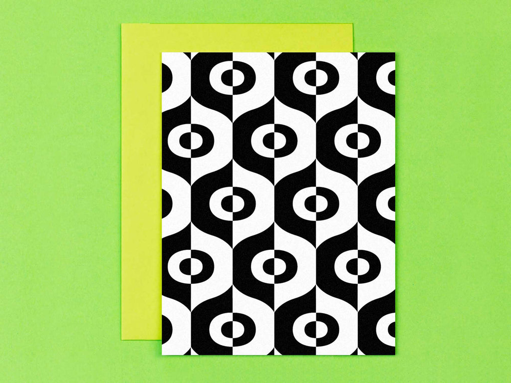 "Edie" mod and op art inspired blank pattern cards in black and white, all occasions greeting card. Made in USA by @mydarlin_bk