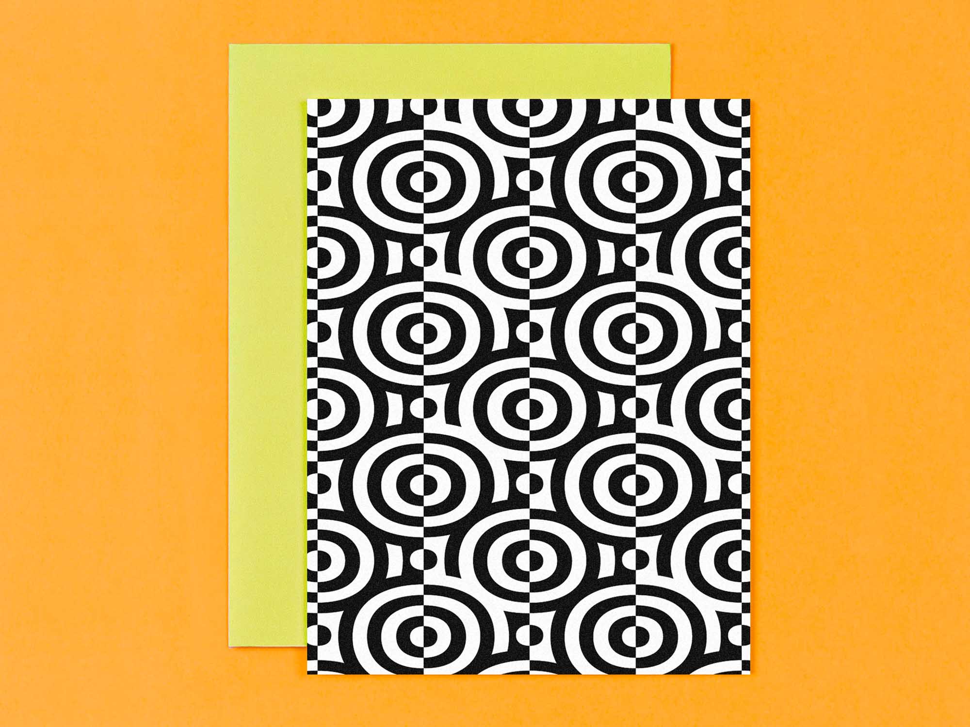 Hypnotic op art inspired nested rings pattern cards in black and white, all occasions greeting card. Made in USA by @mydarlin_bk