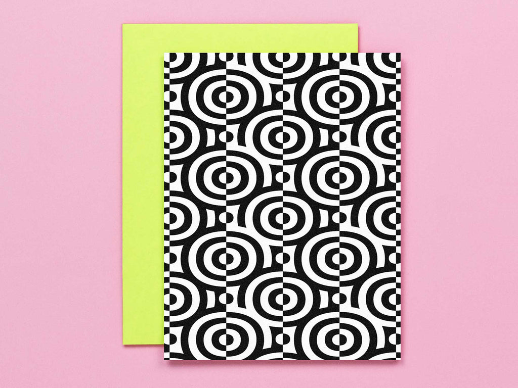 Hypnotic op art inspired nested rings pattern cards in black and white, all occasions greeting card. Made in USA by @mydarlin_bk